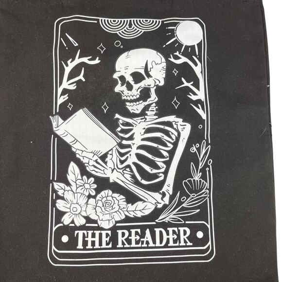 The Reader Tote Bag Book Bag Skeleton Black White Spooky Goth Halloween - Picture 2 of 5